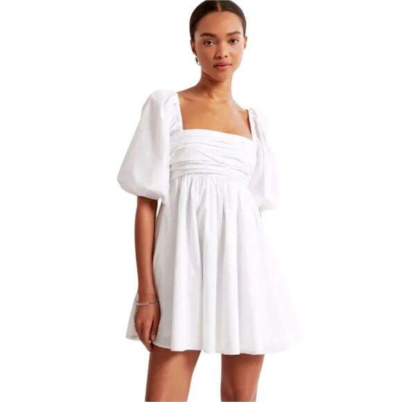 Abercrombie & Fitch Emerson Ruched Puff Sleeve Mini Dress White XSP - Picture 3 of 10